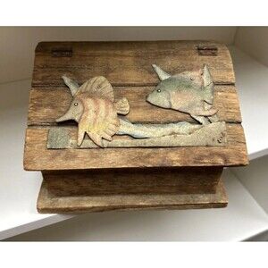 Vintage Wood Small Box Fish Fishing Storage Rustic Farmhouse